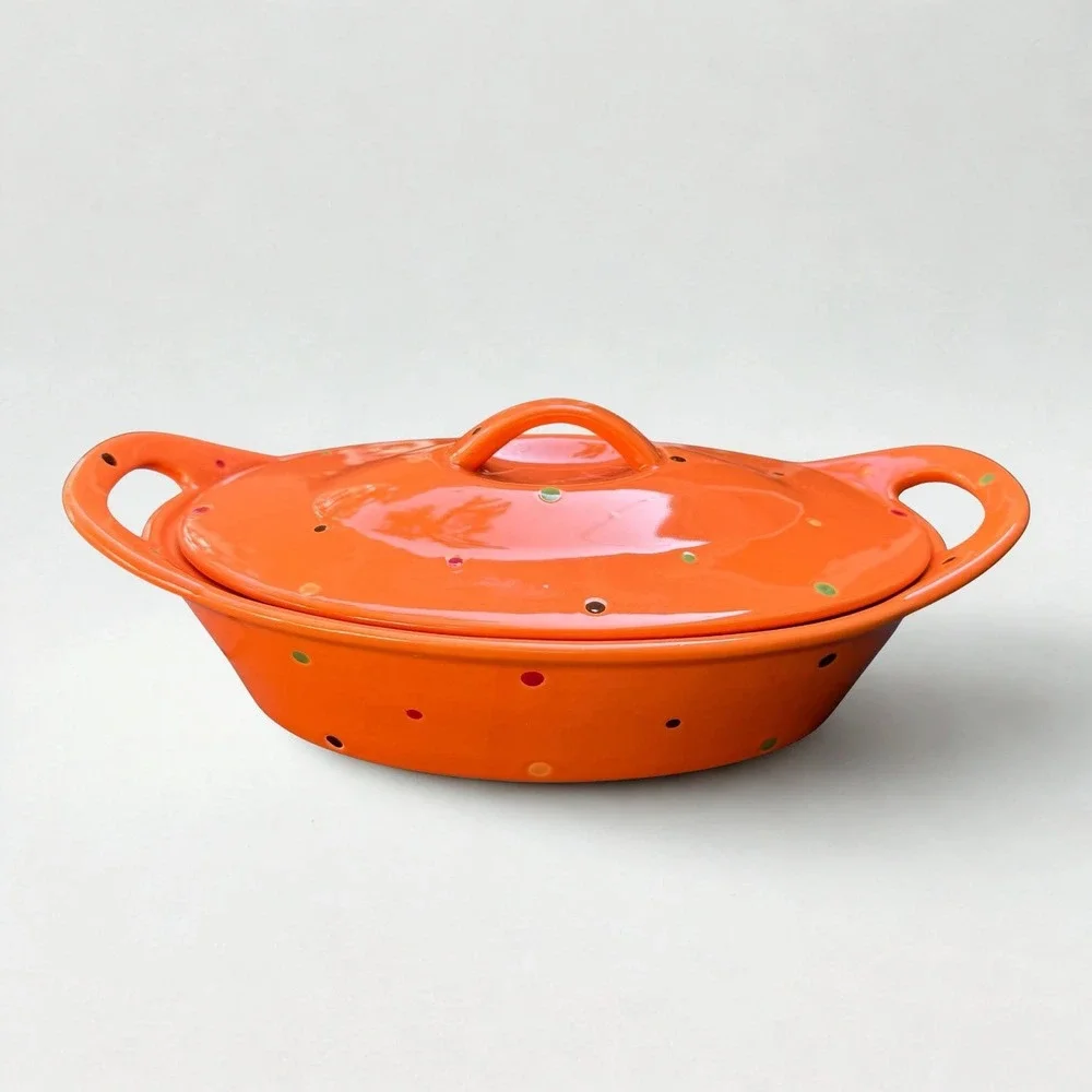 Temp-Tations By Tara Polka Dot Spice Oval Casserole Lid Stand Orange 2.5 Qt